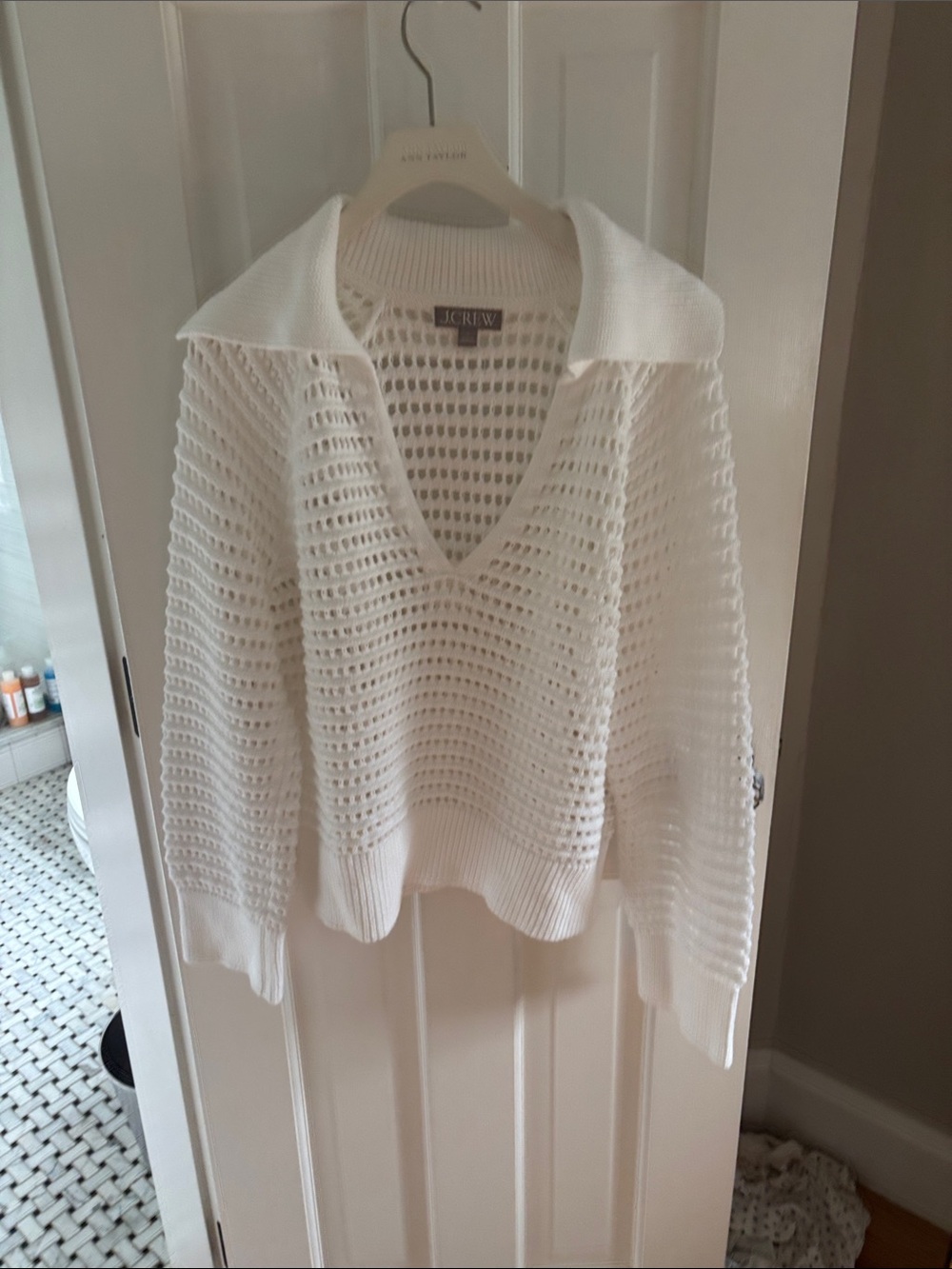 J. Crew Open-Weave V-Neck Polo Sweater in Ivory